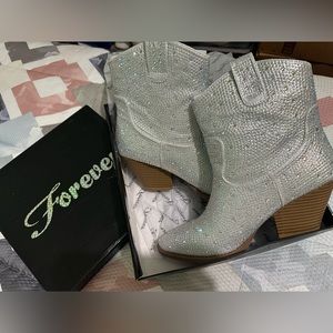 Women's Rhinestone Block Heel Mid Calf Short Ankle Booties